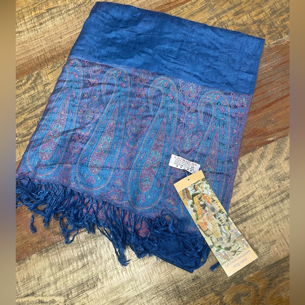 NWT Gift from Jerusalem 100% cashmere wrap scarf paisley blue pink